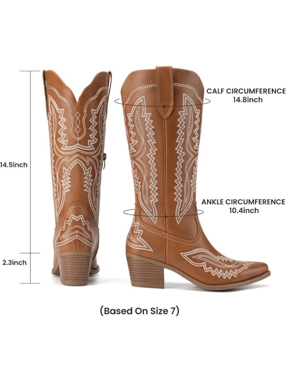 Women's Tan Leather Square Toe Embroidery Western Mid Calf Cowgirl Boots - Picture 4 of 6